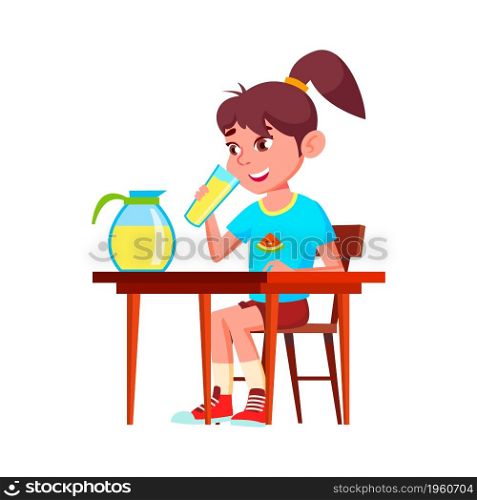 Schoolgirl Drinking Lemonade On Breakfast Vector. Smiling Caucasian School Girl Drink Lemonade At Table. Character Lady Enjoying Sweet Delicious Beverage Flat Cartoon Illustration. Schoolgirl Drinking Lemonade On Breakfast Vector