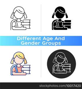 Schoolgirl icon. Physical, cognitive child growth. Mental development. Elementary education. Relationship skills improvement. Linear black and RGB color styles. Isolated vector illustrations. Schoolgirl icon