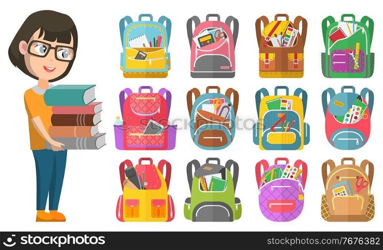 Schoolgirl in glasses stand and hold books. Schoolbags inside with stationery like notebooks and rulers, scissors and pencils vector illustration. Schoolgirl Hold Books, Backpacks with Stationery