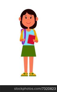 Schoolgirl in green skirt and sneakers stands with heavy backpack and pink notebook isolated cartoon flat vector illustration on white background.. Schoolgirl Stands with Backpack and Pink Notebook