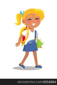 Schoolgirl in Uniform in Blue and White Colors. Blonde schoolgirl in uniform in blue and white colors with backpack and book in one hand isolated. Cartoon female character, first year pupil vector