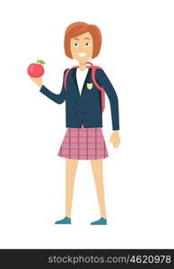 Schoolgirl Isolated Character. Schoolgirl in blue jacket and a purple skirt. Smiling girl in school uniform with apple and backpack. Stand in front. Schoolgirl isolated character. School personage. Vector illustration.