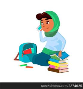 Schoolgirl Pupil Talking On Smartphone Vector. Arabian School Girl Calling On Smartphone And Searching Educational Book In Backpack. Character Preparing For Lesson Flat Cartoon Illustration. Schoolgirl Pupil Talking On Smartphone Vector