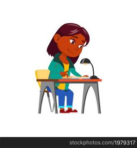 Schoolgirl Reading Educational Book At Home Vector. Hispanic School Girl Read Education Book At Table And Preparing For Lesson Or Examination. Character Study Flat Cartoon Illustration. Schoolgirl Reading Educational Book At Home Vector