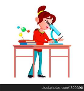 Schoolgirl Scientist Research By Microscope Vector. Expressive Caucasian School Girl Scientist Researching And Analyzing With Laboratory Equipment. Character Researcher Flat Cartoon Illustration. Schoolgirl Scientist Research By Microscope Vector