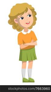 Schoolgirl standing alone and smiling. Blonde girl dressed in orange shirt, green skirt and knee socks. Happy kid isolated on white background. Back to school concept. Flat cartoon vector illustration. Schoolgirl Standing Alone, Back to School Concept