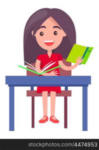 Schoolgirl Studying at Desk Vector Illustration. Minimalistic colorful isolated vector image of smiling schoolgirl studying at blue-colored desk with green book and holding copybook in her hand.