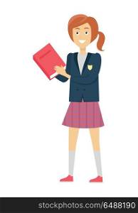 Schoolgirl with Book Isolated Character. Schoolgirl in blue jacket and purple skirt with book. Smiling girl in school uniform. Stand in front. Schoolgirl isolated character. School personage. Vector illustration on white background