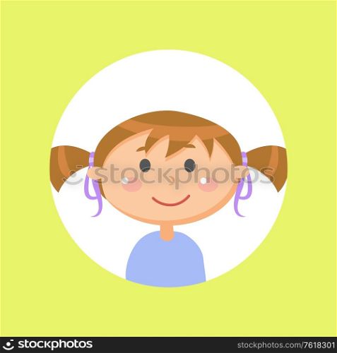 Schoolgirl with pony tails, child or little girl avatar vector. Kid with ribbons in brown hair and friendly face expression, female pupil with forelock. Schoolgirl with Pony Tails, Child or Girl Avatar