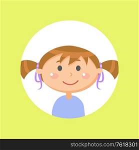 Schoolgirl with pony tails, child or little girl avatar vector. Kid with ribbons in brown hair and friendly face expression, female pupil with forelock. Schoolgirl with Pony Tails, Child or Girl Avatar