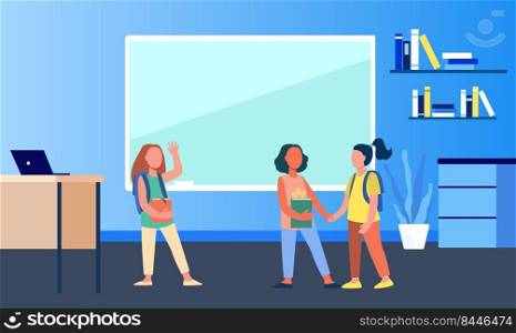 Schoolgirls meeting in classroom. Group of friends, classmates holding hands, waving hello flat vector illustration. Communication, friendship concept for banner, website design or landing web page