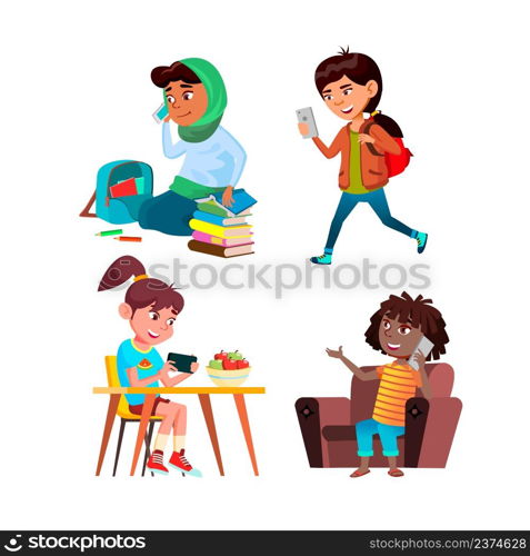 Schoolgirls Using Smartphone Device Set Vector. School Girls Using Smartphone Gadget For Playing Video Games, Talking And Chatting. Characters Use Electronic Gadget Flat Cartoon Illustrations. Schoolgirls Using Smartphone Device Set Vector