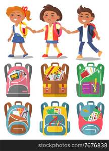 Schoolkids hold hands and smiling. Children going with bagpacks after classes. Schoolbags full of school stationery vector illustration. Back to school concept. Flat cartoon. Schoolchildren Hold Hands, Backpacks with Supplies