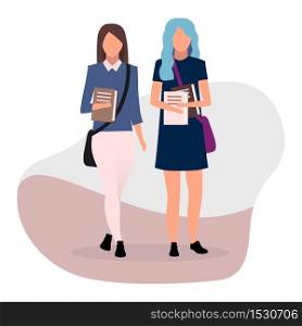 Schoolmates flat vector illustration. Teenage schoolgirls with books together cartoon characters on white background. Teen schoolchildren going to school with bags and books. Stylish school girls