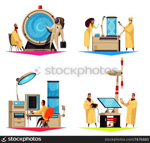 Science 2x2 design concept of research in field of biotechnology medical robots and green energy flat vector illustration