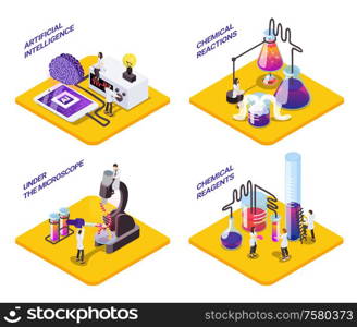 Science 4x1 isometric set of platforms with small characters of scientists with test tubes and text vector illustration