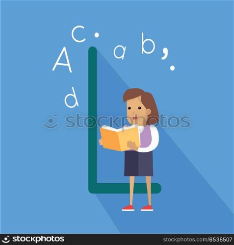 Science Alphabet. Letter - H.. Science alphabet. Letter - H. ABC vector. Girl with orange book. Simple colored letters and teenager character. Scientific research, science lab, science test, technology illustration. Flat design