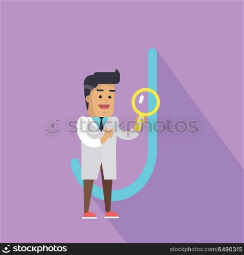 Science Alphabet. Letter - J.. Science alphabet. Letter - J. Scientists in white coat with magnifying glass. Simple colored letters and scientist character. Scientific research, science lab, science test, technology illustration