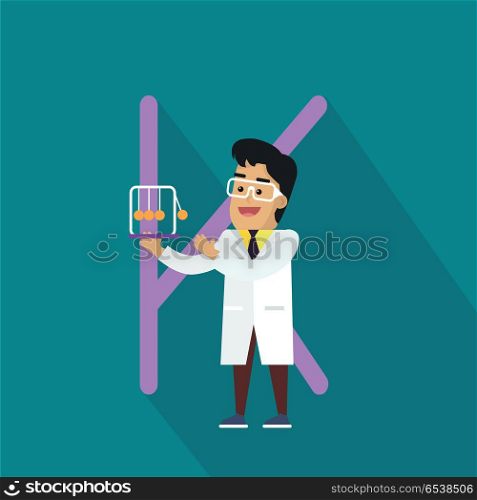 Science Alphabet. Letter - K.. Science alphabet. Letter - K. Scientists in white coat with Newton s cradle. Simple colored letters and scientist character. Scientific research, science lab, science test, technology illustration. Flat design