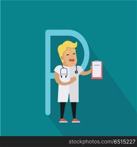 Science Alphabet. Letter - P.. Science alphabet. Letter - P. Scientists medic with stethoscope and tablet. Simple colored letters and scientist character. Scientific research, science lab, science test, technology illustration