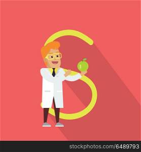 Science alphabet vector concept. Flat style. ABC element. Scientist man in white gown standing with green apple in hand, letter S behind. Educational glossary. On red background with shadow . Science Alphabet Concept In Flat Design. Science Alphabet Concept In Flat Design