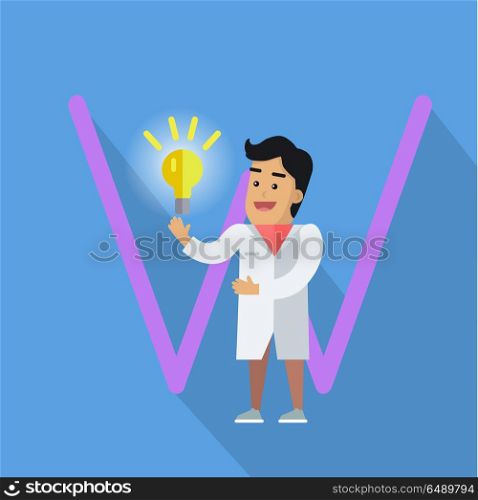 Science alphabet vector concept. Flat style. ABC element. Scientist man in white gown standing with electric bulb in hand, letter W behind. Educational glossary. On blue background with shadow . Science Alphabet Concept In Flat Design. Science Alphabet Concept In Flat Design