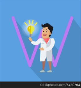 Science alphabet vector concept. Flat style. ABC element. Scientist man in white gown standing with electric bulb in hand, letter W behind. Educational glossary. On blue background with shadow . Science Alphabet Concept In Flat Design. Science Alphabet Concept In Flat Design