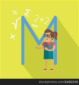 Science alphabet vector concept. Flat style. ABC element. Female character in glasses surrounded mathematical symbols, letter M behind. Educational glossary. On yellow background with shadow . Science Alphabet Concept In Flat Design. Science Alphabet Concept In Flat Design