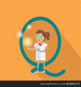 Science alphabet vector concept. Flat style. ABC element. Scientist woman in white gown standing with atom structure in hand, letter Q behind. Educational glossary. On orange background with shadow . Science Alphabet Concept In Flat Design. Science Alphabet Concept In Flat Design