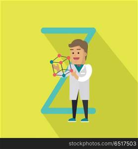 Science alphabet vector concept. Flat style. ABC element. Scientist man in white gown standing with atom structure in hand, letter Z behind. Educational glossary. On yellow background with shadow . Science Alphabet Concept In Flat Design. Science Alphabet Concept In Flat Design