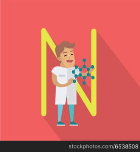 Science alphabet vector concept. Flat style. ABC element. Scientist man in white gown standing with atomic structure in hand, letter N behind. Educational glossary. On red background with shadow . Science Alphabet Concept In Flat Design. Science Alphabet Concept In Flat Design