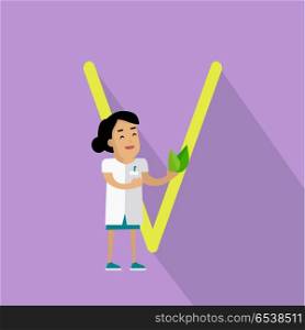 Science alphabet vector concept. Flat style. ABC element. Scientist woman in white gown standing with green leaves in hand, letter V behind. Educational glossary. On violet background with shadow . Science Alphabet Concept In Flat Design. Science Alphabet Concept In Flat Design