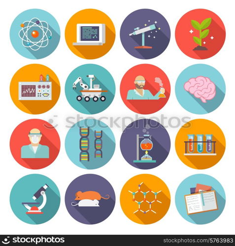 Science and biology chemistry and physics research icon flat set isolated vector illustration. Science And Research Icon Flat