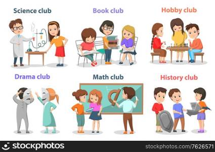 Science and book, hobby and drama, math and history club. School element, girl and boy learning chemistry, playing chess, reading book, pupil vector. Back to school concept. Flat cartoon. School Club, Pupils or Classmates, Educate Vector
