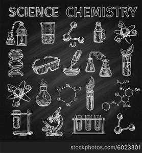 Science And Chemistry Icons Set . Science and chemistry sketch chalkboard icons set with elements combinations isolated vector illustration