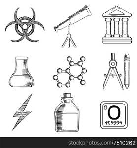 Science and chemistry sketches icons and symbols with telescope, flask and tuber, compasses, atom, ancient temple, radiation and power signs. Sketch style. Science and chemistry sketches icons set