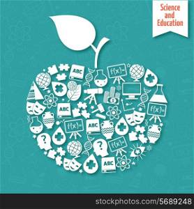 Science and education areas white icons set in apple with leaf shape vector illustration.