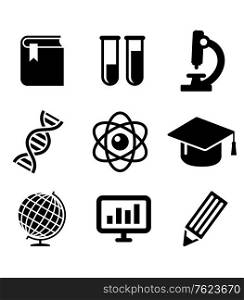 Science and education icons depicting book, test tubes, DNA, graduation, microscope, atom, pencil, globe and computer