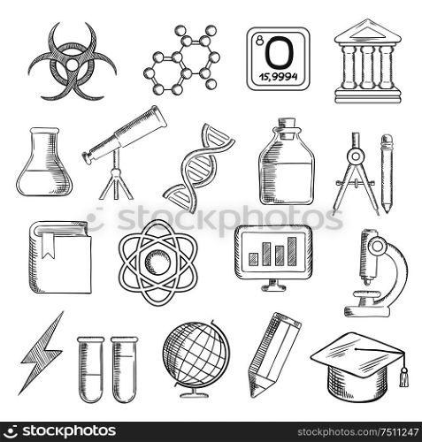 Science and education icons with college and book, laboratory glasses and computer, microscope and globe, graduation cap and pencil, compasses and dna, atom and biohazard sign, electricity and oxygen. Science and education sketched icons