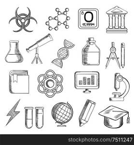 Science and education icons with college and book, laboratory glasses and computer, microscope and globe, graduation cap and pencil, compasses and dna, atom and biohazard sign, electricity and oxygen. Science and education sketched icons