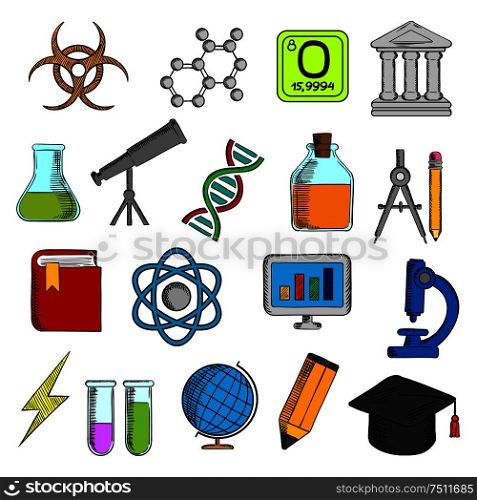 Science and education icons with college and book, laboratory glasses and computer, microscope and globe, graduation cap and pencil, compasses and dna, atom and biohazard sign, electricity and oxygen. Science and education icons set