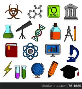 Science and education icons with college and book, laboratory glasses and computer, microscope and globe, graduation cap and pencil, compasses and dna, atom and biohazard sign, electricity and oxygen. Science and education icons set
