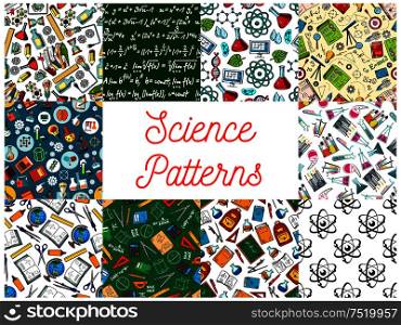 Science and education seamless patterns with set of sketched backgrounds with microscope, laboratory test tube, atom, book, chalk formula on blackboard, school supplies, computer and stationery. Science and education seamless patterns set