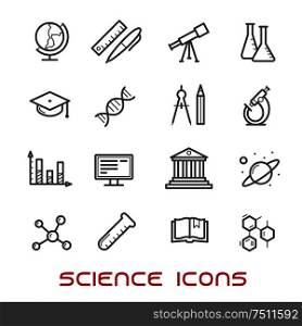 Science and education thin line icons with college and book, laboratory glasses and computer, microscope and globe, graduation cap and pencil, compasses and dna, atom and biohazard, electricity and oxygen. Science and education thin line icons