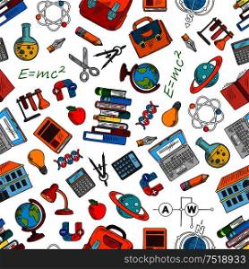 Science and knowledge seamless background. Wallpaper with vector pattern icons of atom, mathematics, gene, dna, molecule, book, chemistry, substance, tube globe apple proton. science and knowledge symbols wallpaper