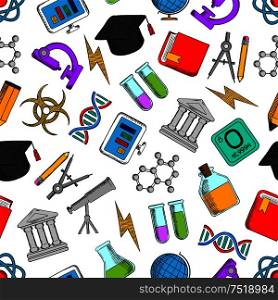 Science and knowledge seamless background with pattern icons of natural sciences symbols microscope, atom, dna, graphic, mathematics, gene, molecule, book, telescope, architecture chemistry chemicals. Science and knowledge seamless wallpaper