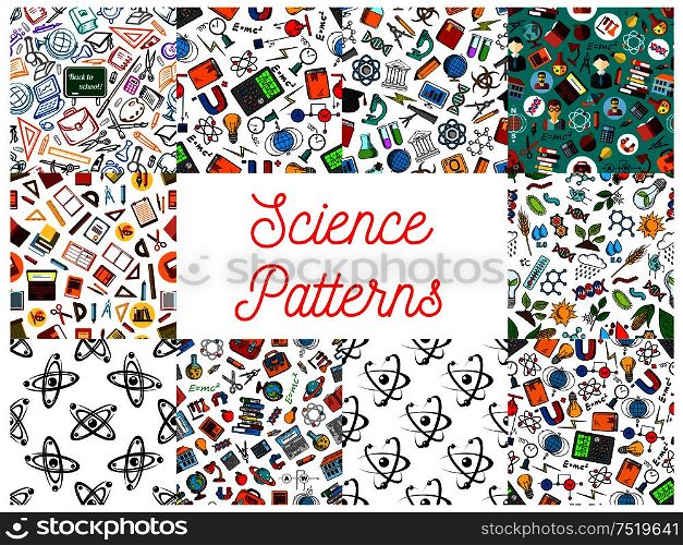 Science and knowledge seamless backgrounds. Wallpaper patterns of microscope, atom, dna, chemicals, substance, gene, molecule, telescope, globe, apple, proton magnet calculator lamp school supplies Mathematics architecture chemistry symbols. Science and knowledge seamless pattern wallpapers