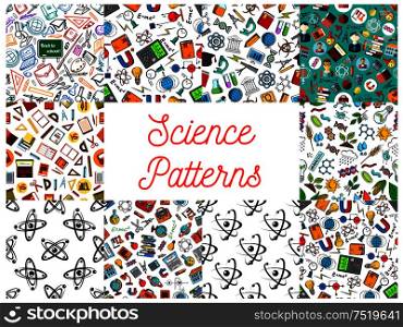 Science and knowledge seamless backgrounds. Wallpaper patterns of microscope, atom, dna, chemicals, substance, gene, molecule, telescope, globe, apple, proton magnet calculator lamp school supplies Mathematics architecture chemistry symbols. Science and knowledge seamless pattern wallpapers