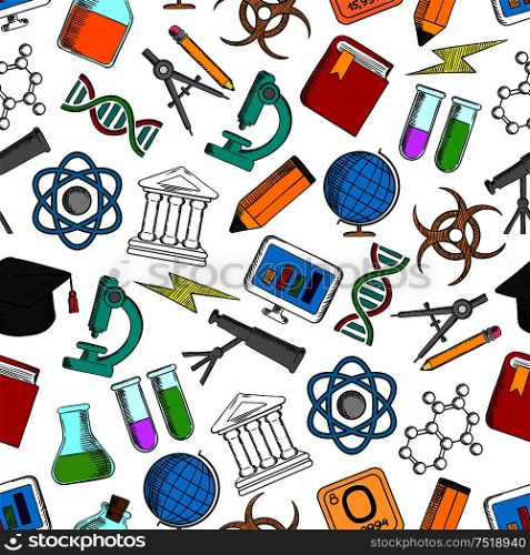 Science and knowledge seamless wallpaper. School and university education symbols. Background with pattern icons of globe, pencil, microscope, atom, dna, graphic, gene, molecule, book telescope chemicals. Science and knowledge seamless wallpaper