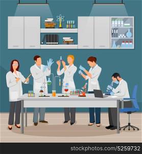 Science And Laboratory Illustration . Science and laboratory composition with experiment and research symbols flat vector illustration